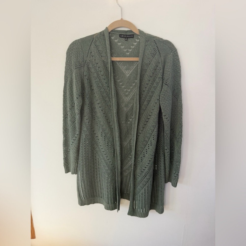 Love & Ellie Open-Front Olive Green Eyelet Knit Cardigan size M